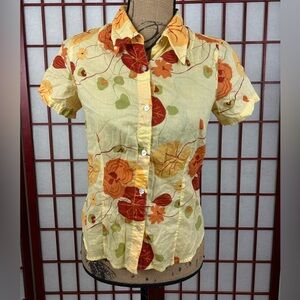 Royal Robbin’s Cotton Yellow Funky Twee Floral Button Down Short Sleeve Blouse